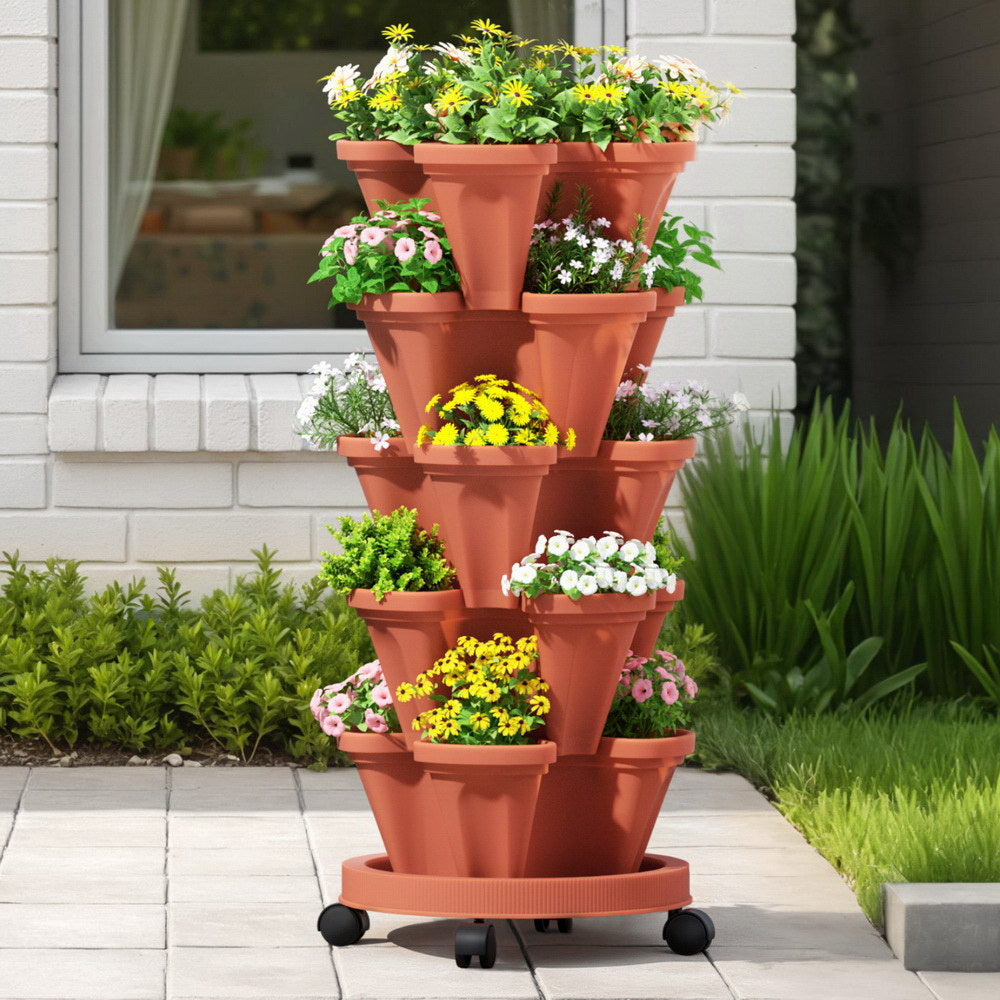 Green Fingers Raised Garden Bed 5 Tier Vertical Garden Brick Red Strawberry Stackable Planters Herbs Petunias GARDEN-PLASTIC-25L-BR