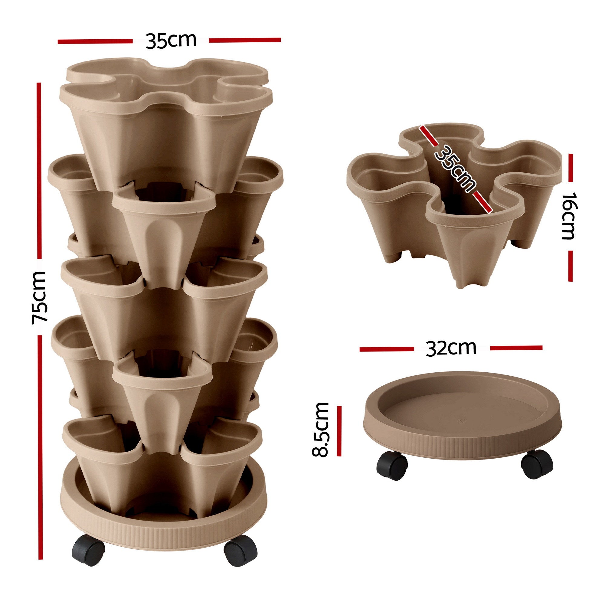 Green Fingers Garden Bed 5 Tier Vertical Garden Grey Strawberry Stackable Planters Herb Petunias Tan GARDEN-PLASTIC-25L-DYE