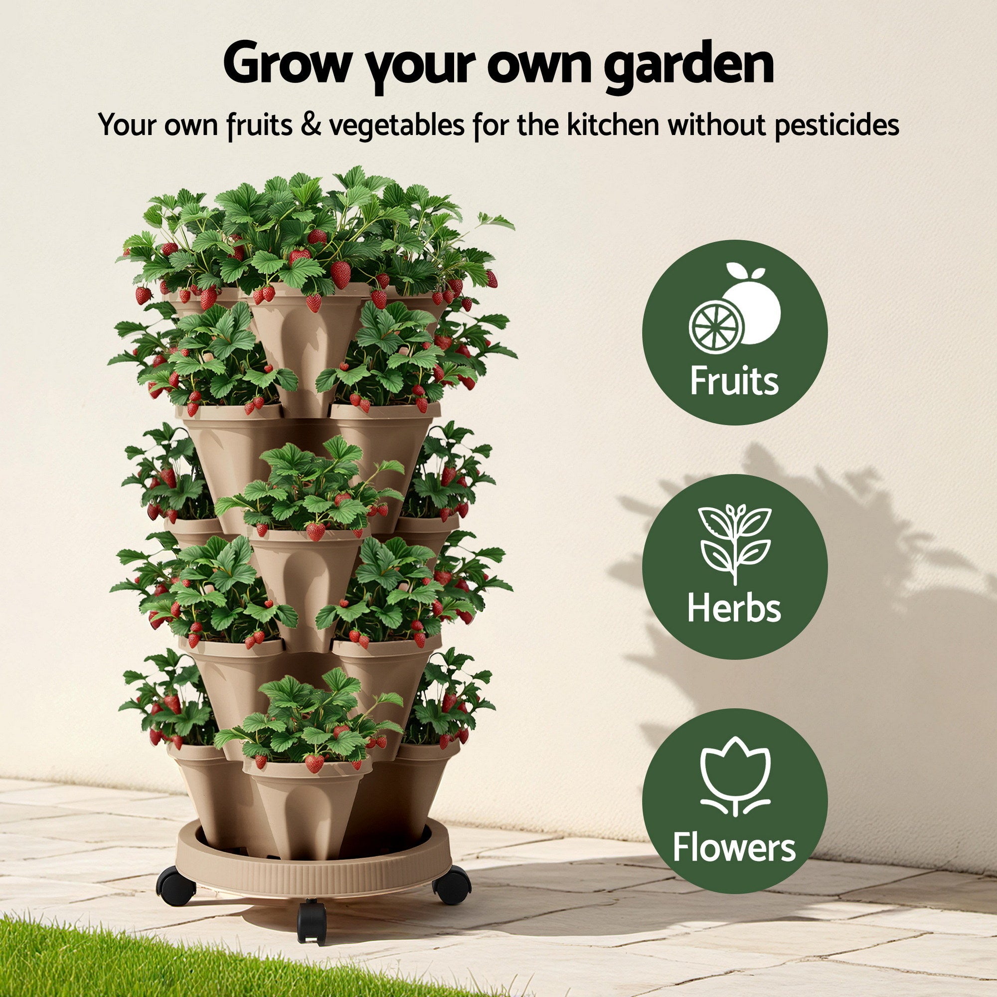 Green Fingers Garden Bed 5 Tier Vertical Garden Grey Strawberry Stackable Planters Herb Petunias Tan GARDEN-PLASTIC-25L-DYE