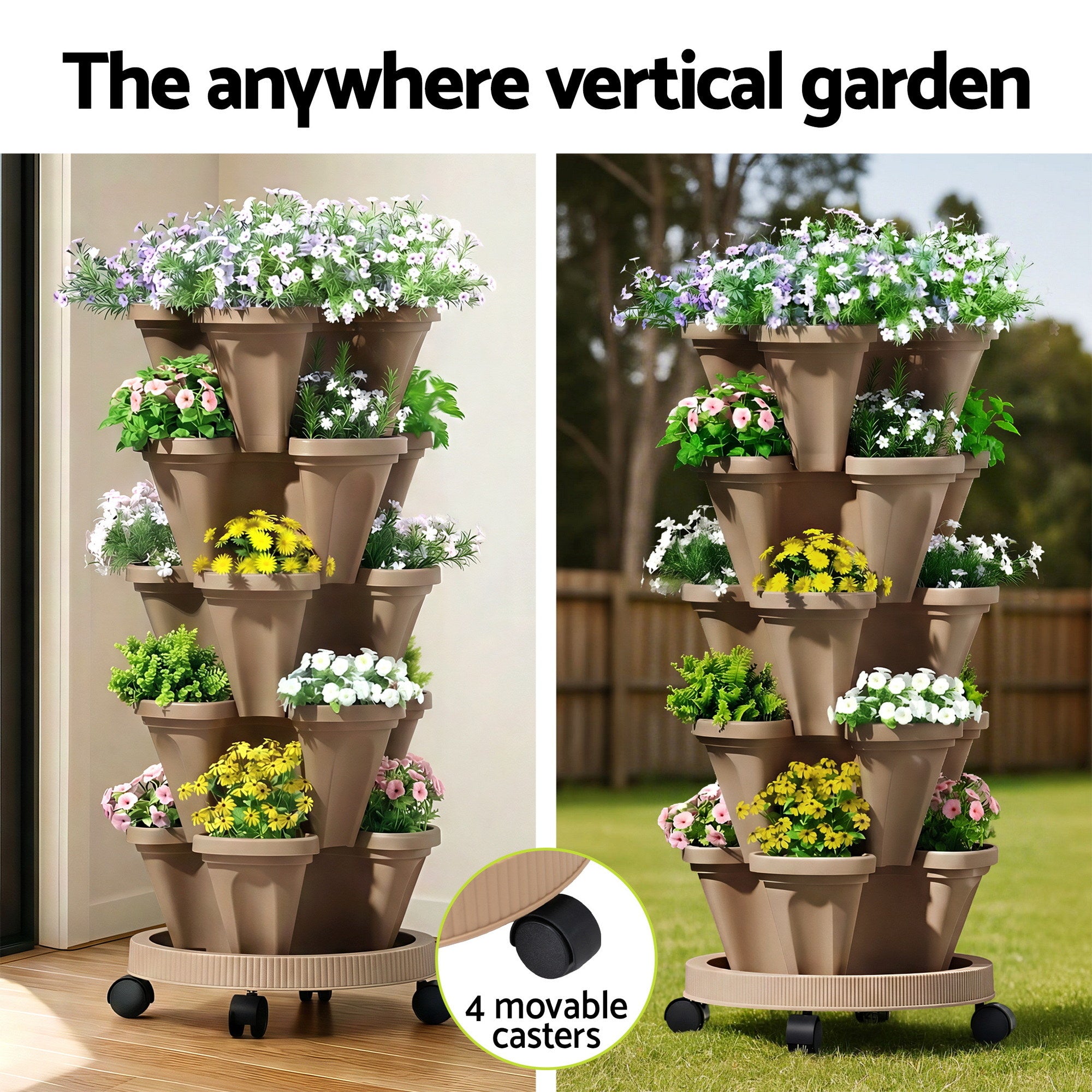 Green Fingers Garden Bed 5 Tier Vertical Garden Grey Strawberry Stackable Planters Herb Petunias Tan GARDEN-PLASTIC-25L-DYE