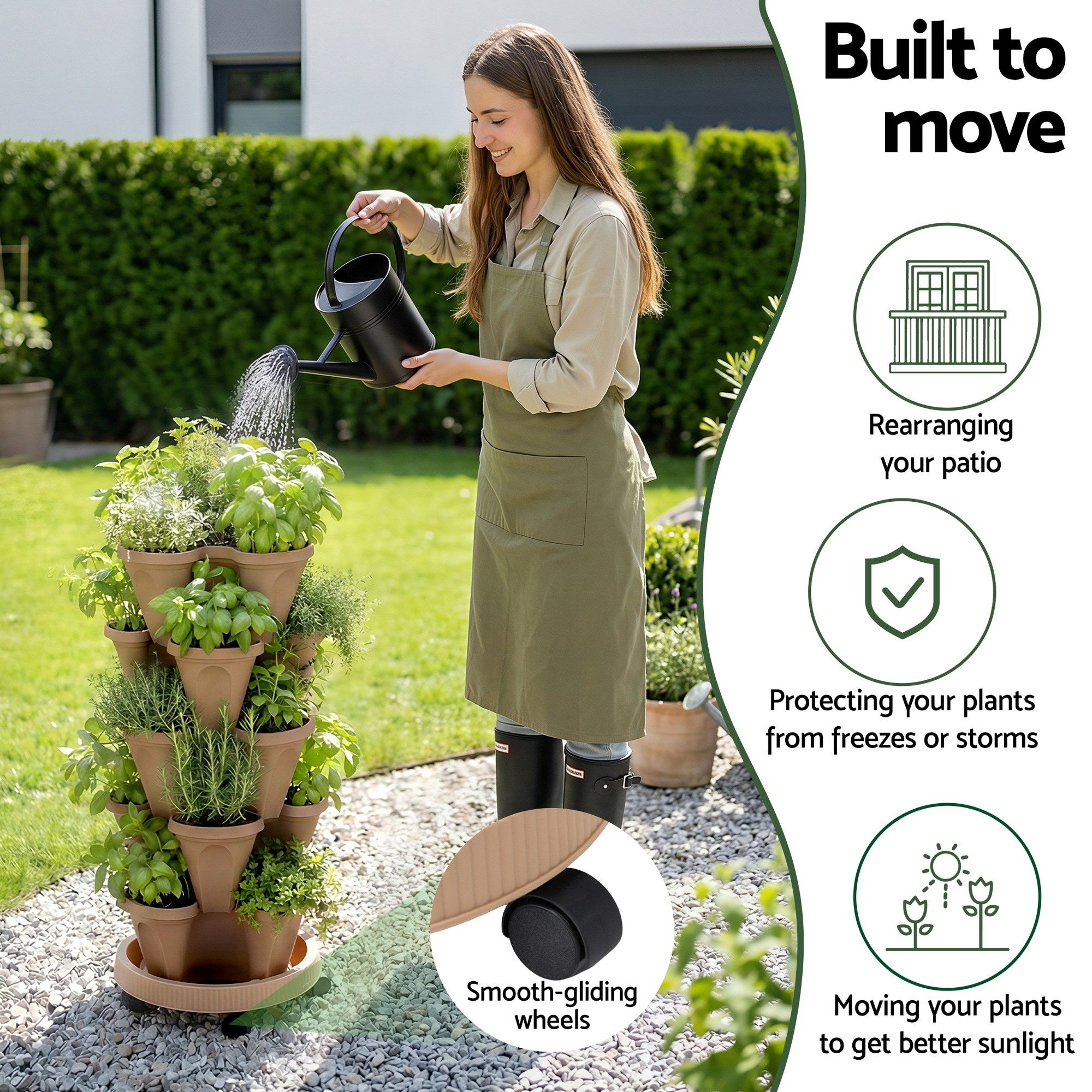 Green Fingers Garden Bed 5 Tier Vertical Garden Grey Strawberry Stackable Planters Herb Petunias Tan GARDEN-PLASTIC-25L-DYE