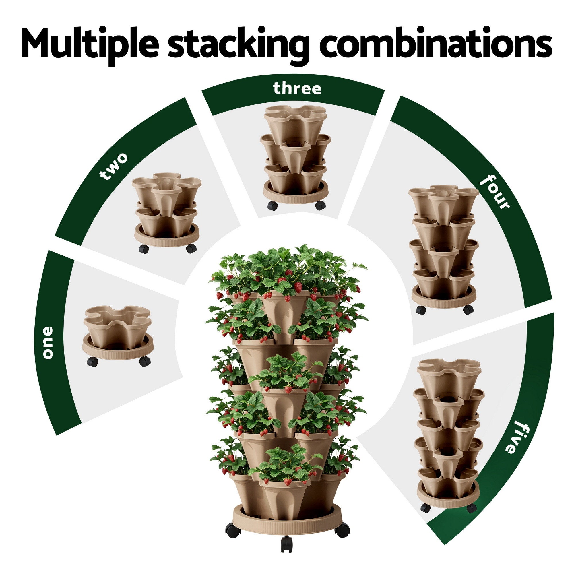 Green Fingers Garden Bed 5 Tier Vertical Garden Grey Strawberry Stackable Planters Herb Petunias Tan GARDEN-PLASTIC-25L-DYE