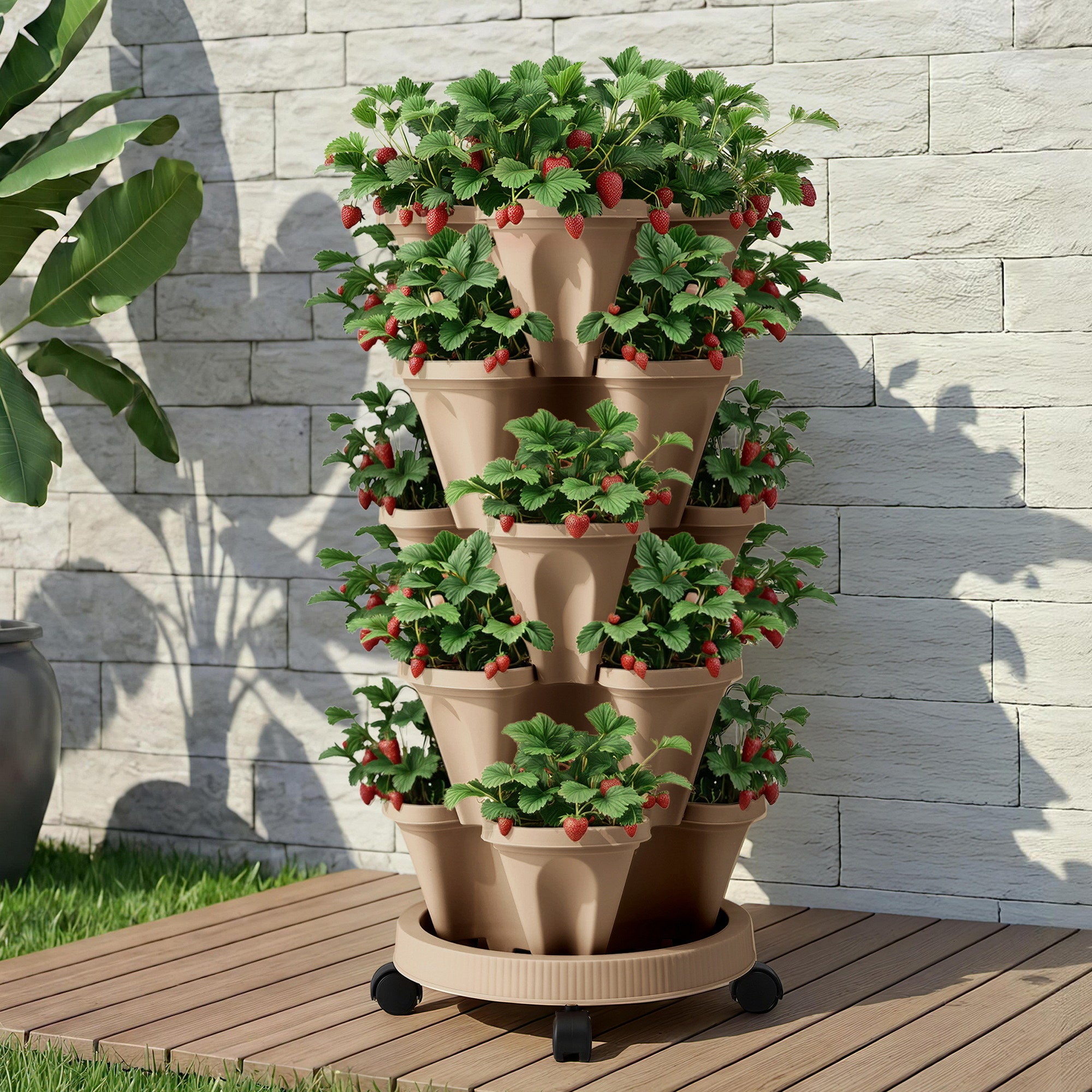 Green Fingers Garden Bed 5 Tier Vertical Garden Grey Strawberry Stackable Planters Herb Petunias Tan GARDEN-PLASTIC-25L-DYE