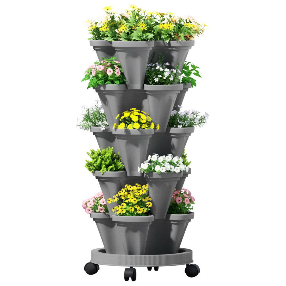 Green Fingers Raised Garden Bed 5 Tier Vertical Garden Grey Strawberry Stackable Planters Herbs Petunias GARDEN-PLASTIC-25L-GR
