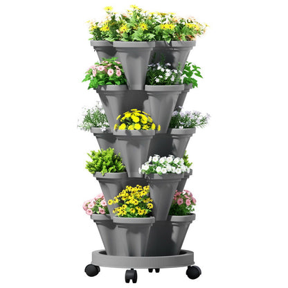 Green Fingers Raised Garden Bed 5 Tier Vertical Garden Grey Strawberry Stackable Planters Herbs Petunias GARDEN-PLASTIC-25L-GR