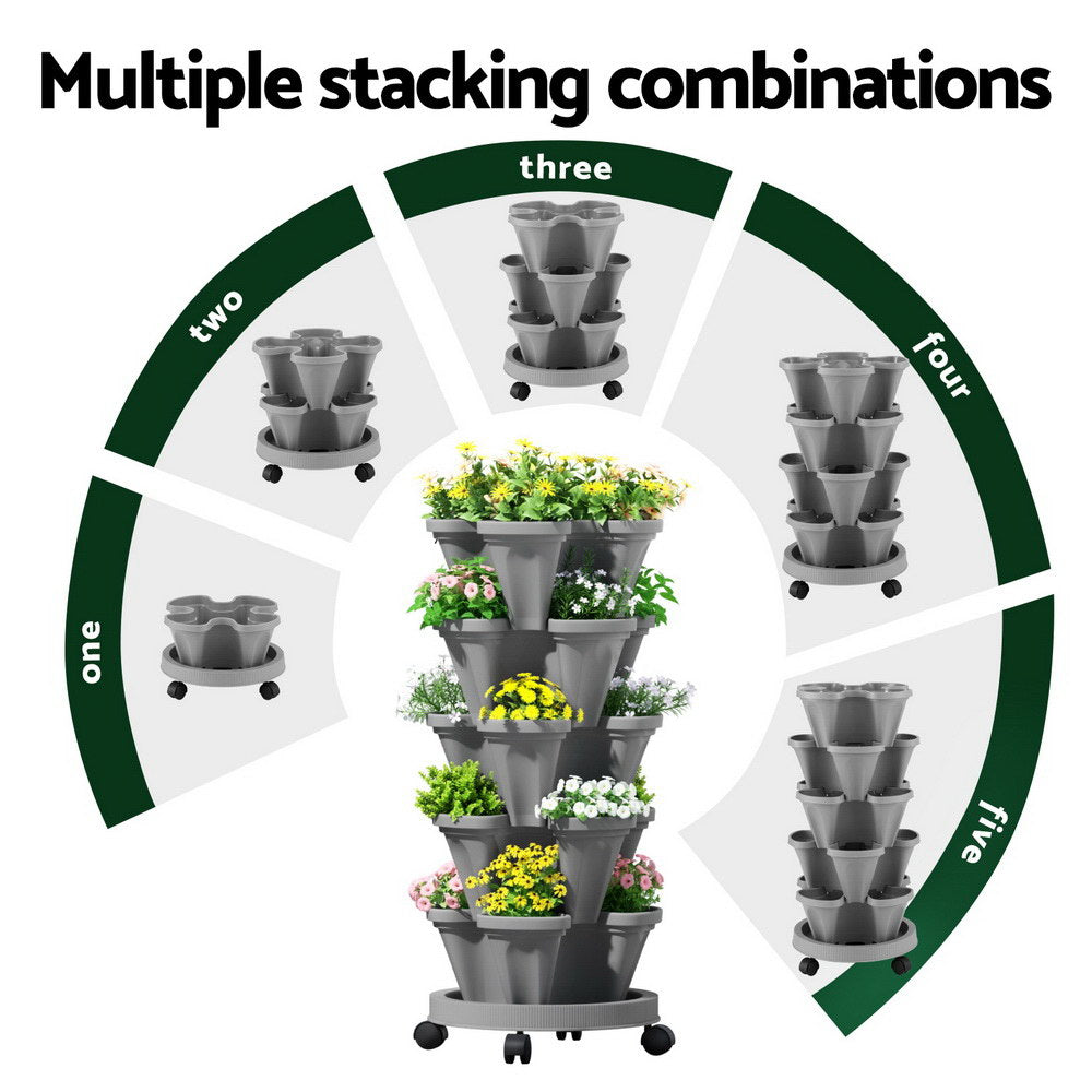Green Fingers Raised Garden Bed 5 Tier Vertical Garden Grey Strawberry Stackable Planters Herbs Petunias GARDEN-PLASTIC-25L-GR