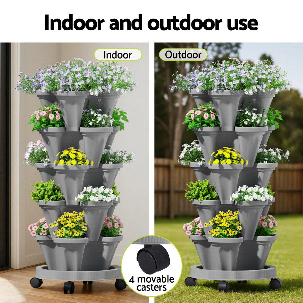 Green Fingers Raised Garden Bed 5 Tier Vertical Garden Grey Strawberry Stackable Planters Herbs Petunias GARDEN-PLASTIC-25L-GR