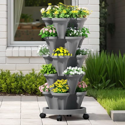 Green Fingers Raised Garden Bed 5 Tier Vertical Garden Grey Strawberry Stackable Planters Herbs Petunias GARDEN-PLASTIC-25L-GR