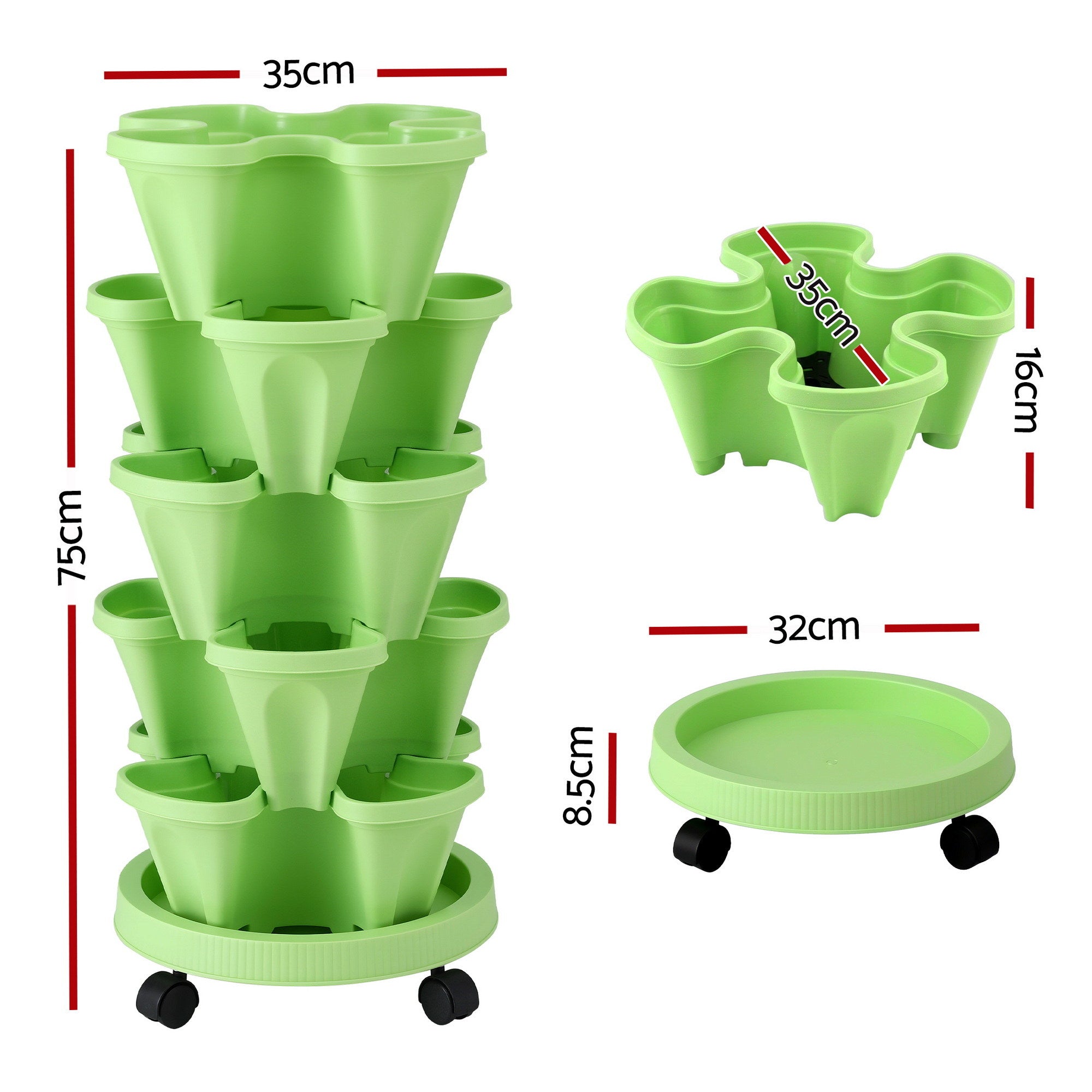 Green Fingers Garden Bed 5 Tier Vertical Garden Grey Strawberry Stackable Planters Herbs Light Green GARDEN-PLASTIC-25L-LGR