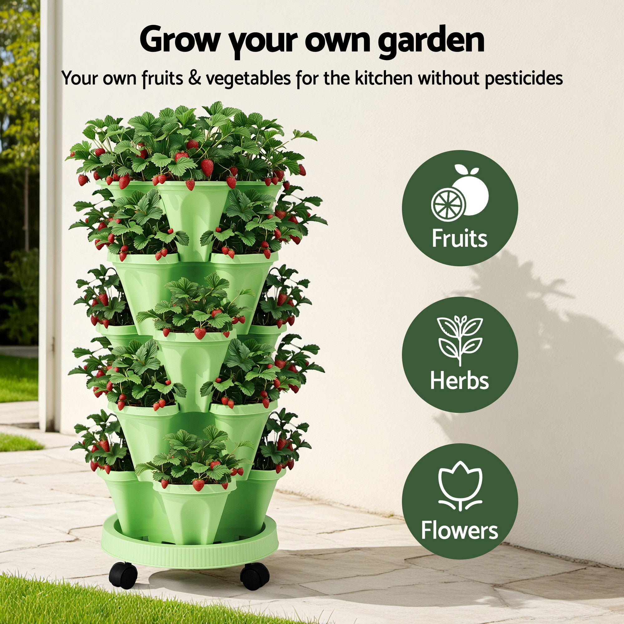 Green Fingers Garden Bed 5 Tier Vertical Garden Grey Strawberry Stackable Planters Herbs Light Green GARDEN-PLASTIC-25L-LGR
