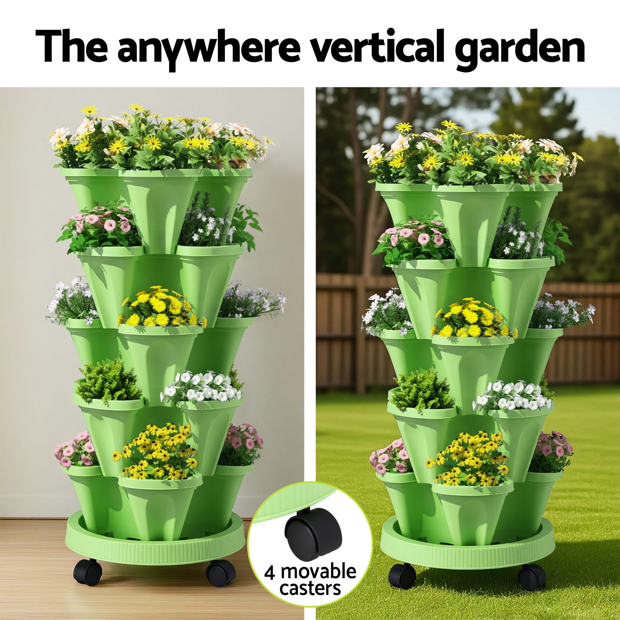 Green Fingers Garden Bed 5 Tier Vertical Garden Grey Strawberry Stackable Planters Herbs Light Green GARDEN-PLASTIC-25L-LGR