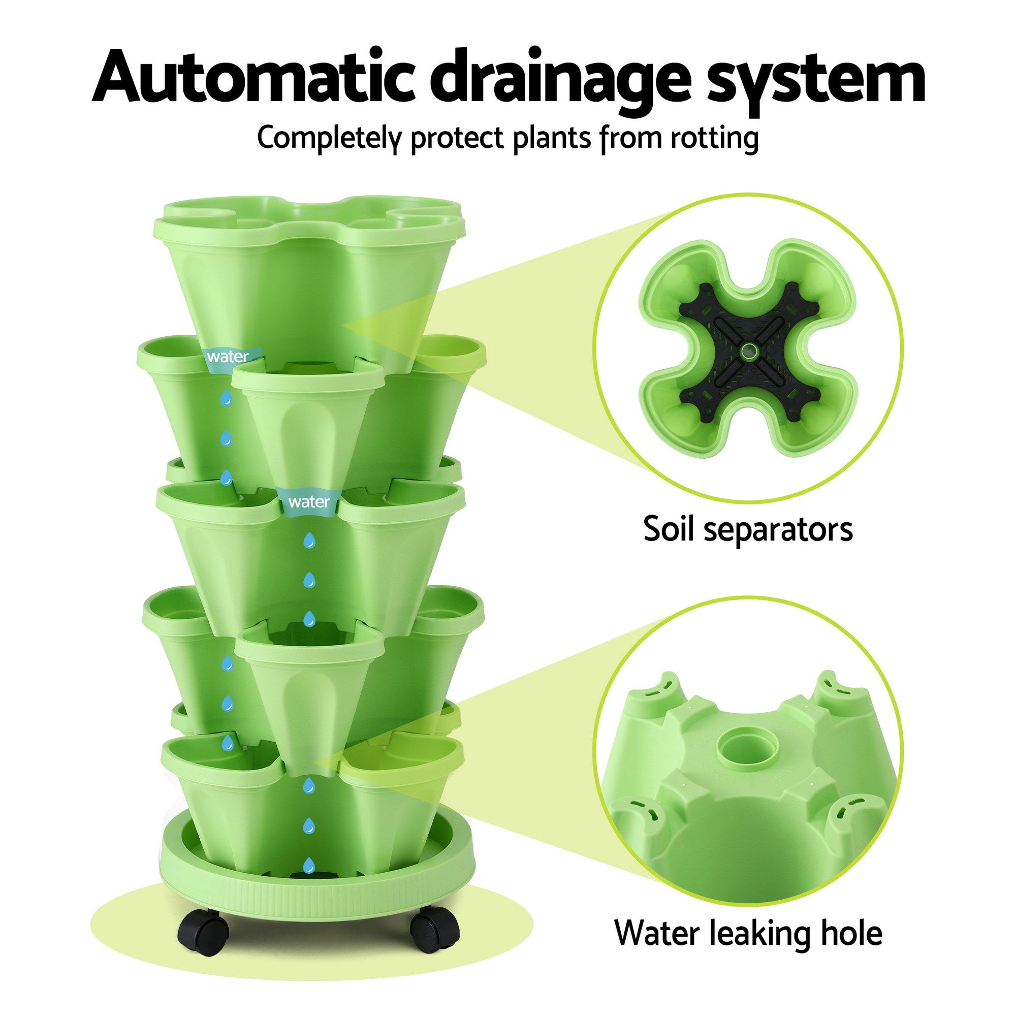 Green Fingers Garden Bed 5 Tier Vertical Garden Grey Strawberry Stackable Planters Herbs Light Green GARDEN-PLASTIC-25L-LGR