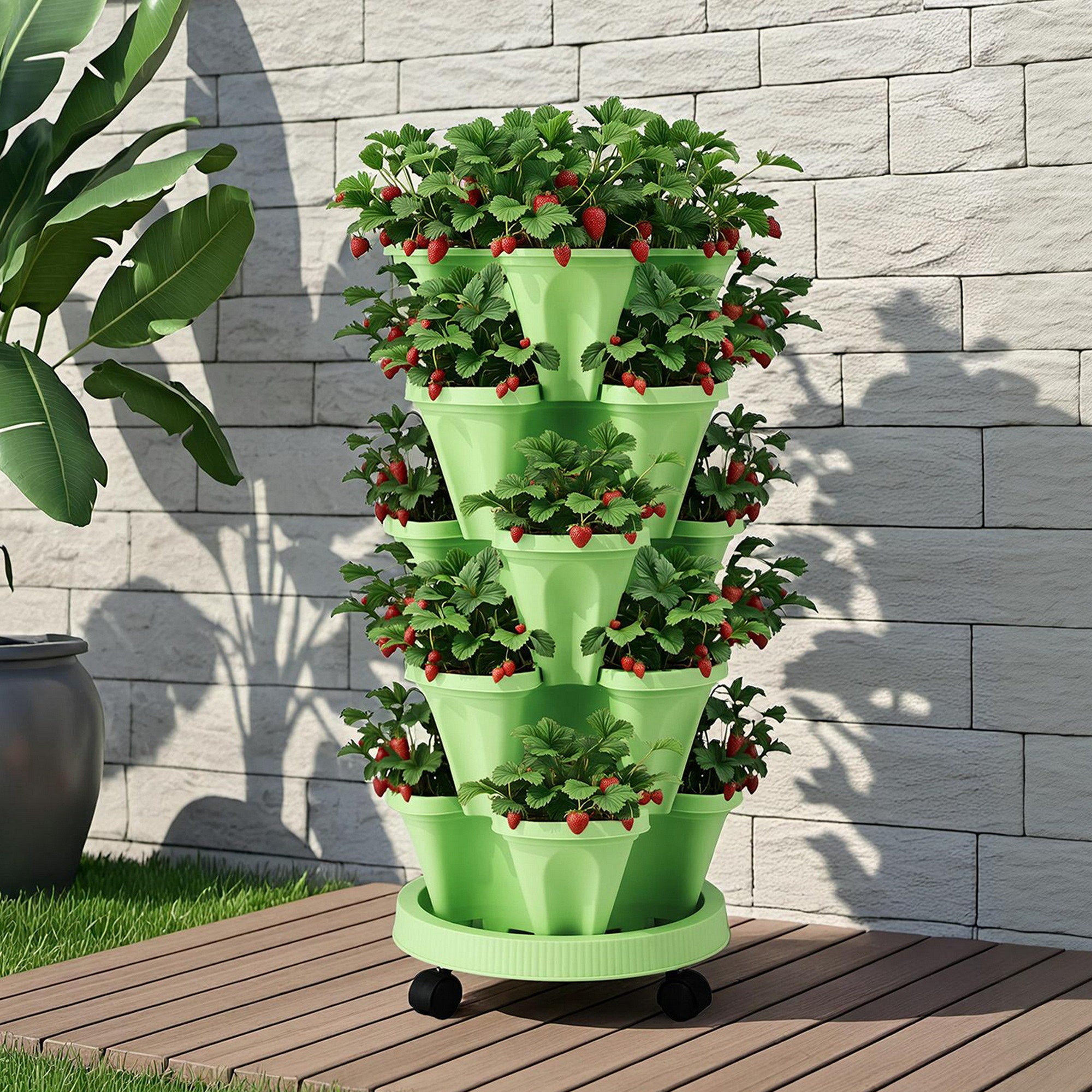 Green Fingers Garden Bed 5 Tier Vertical Garden Grey Strawberry Stackable Planters Herbs Light Green GARDEN-PLASTIC-25L-LGR