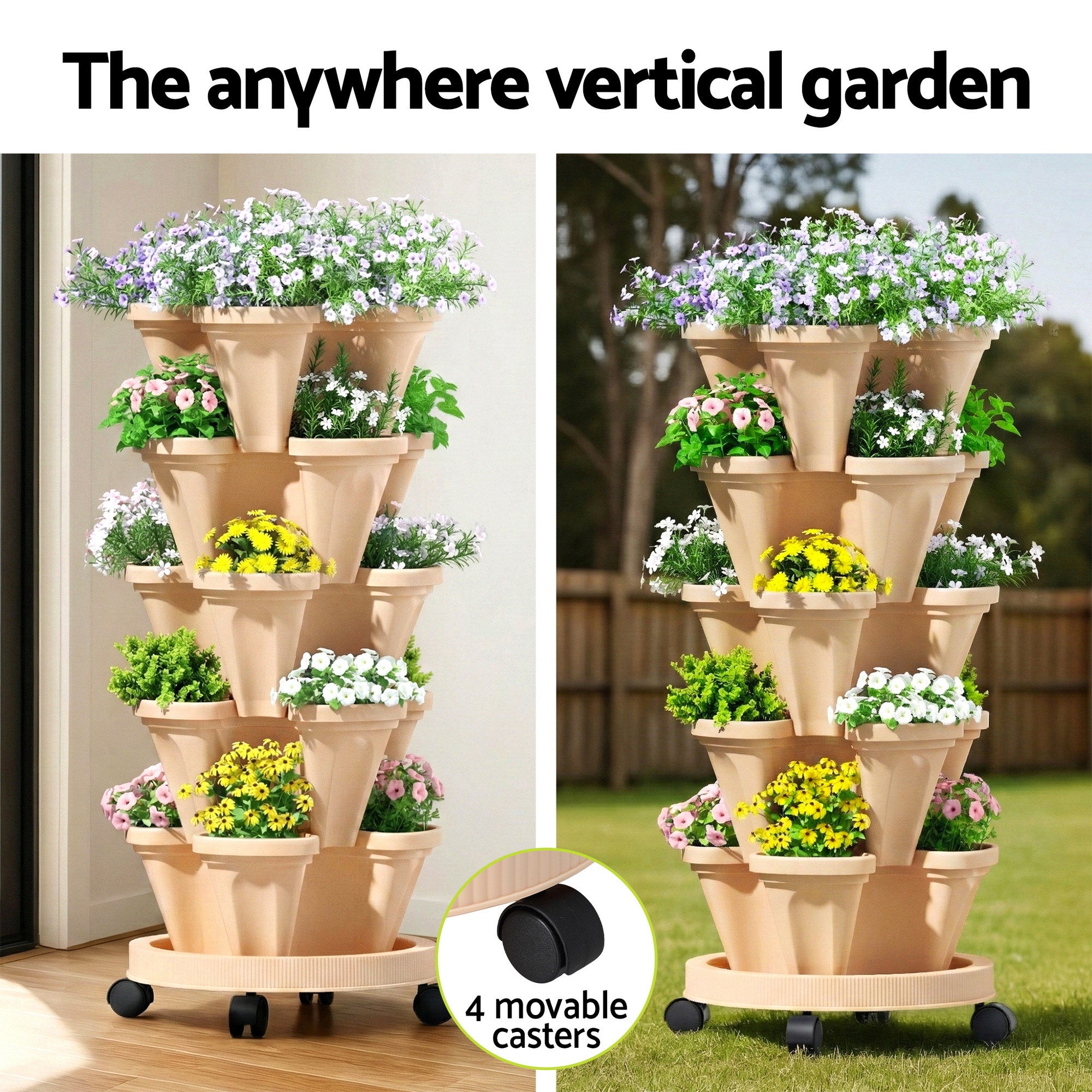 Green Fingers Garden Bed 5 Tier Vertical Garden Grey Strawberry Stackable Planters Herbs Beige GARDEN-PLASTIC-25L-LYE