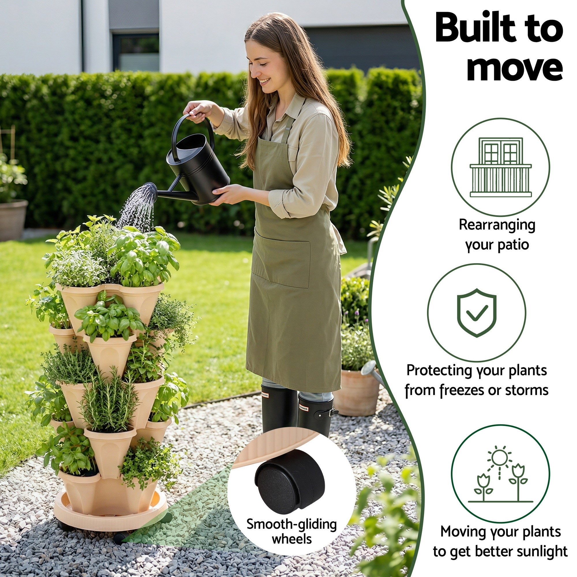 Green Fingers Garden Bed 5 Tier Vertical Garden Grey Strawberry Stackable Planters Herbs Beige GARDEN-PLASTIC-25L-LYE