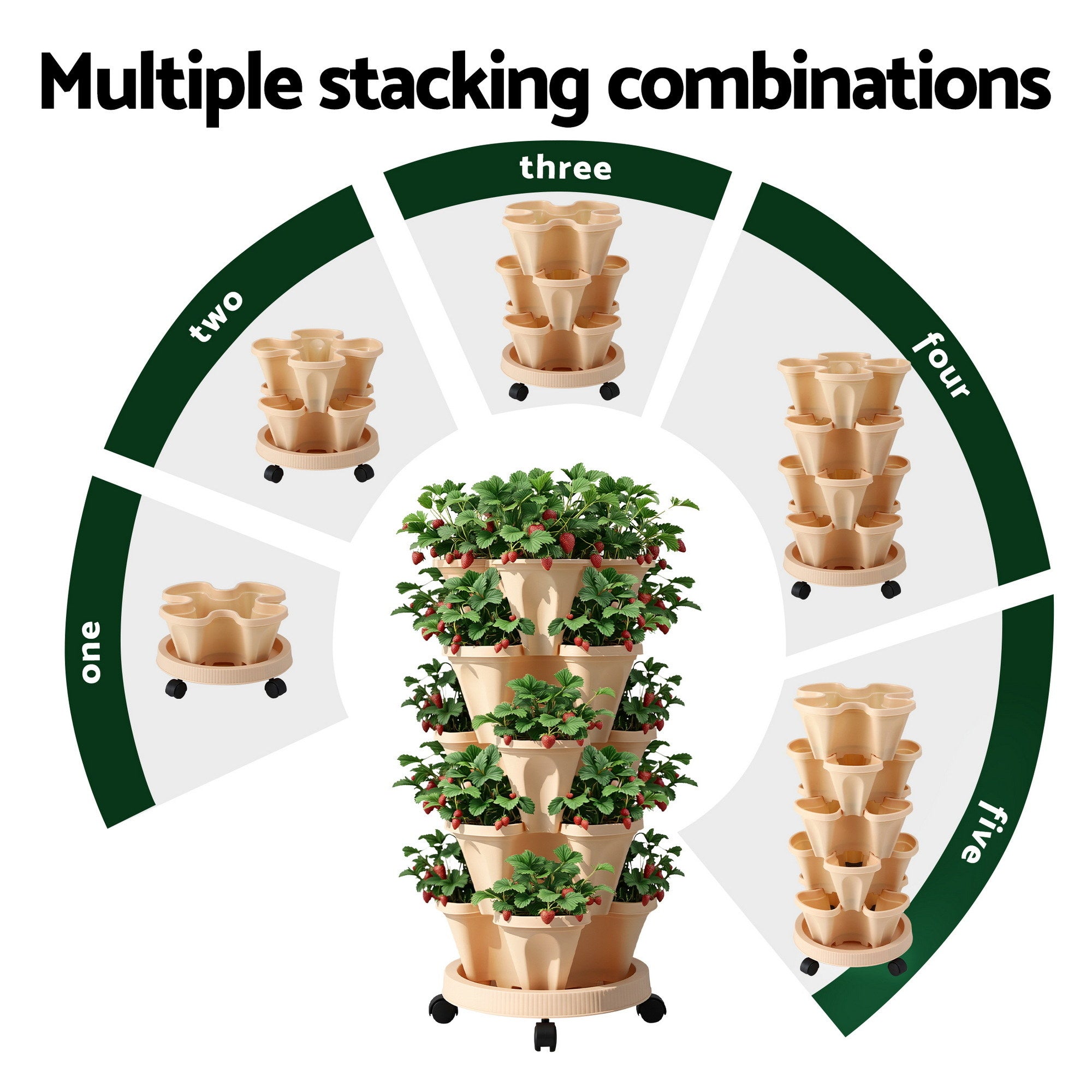 Green Fingers Garden Bed 5 Tier Vertical Garden Grey Strawberry Stackable Planters Herbs Beige GARDEN-PLASTIC-25L-LYE
