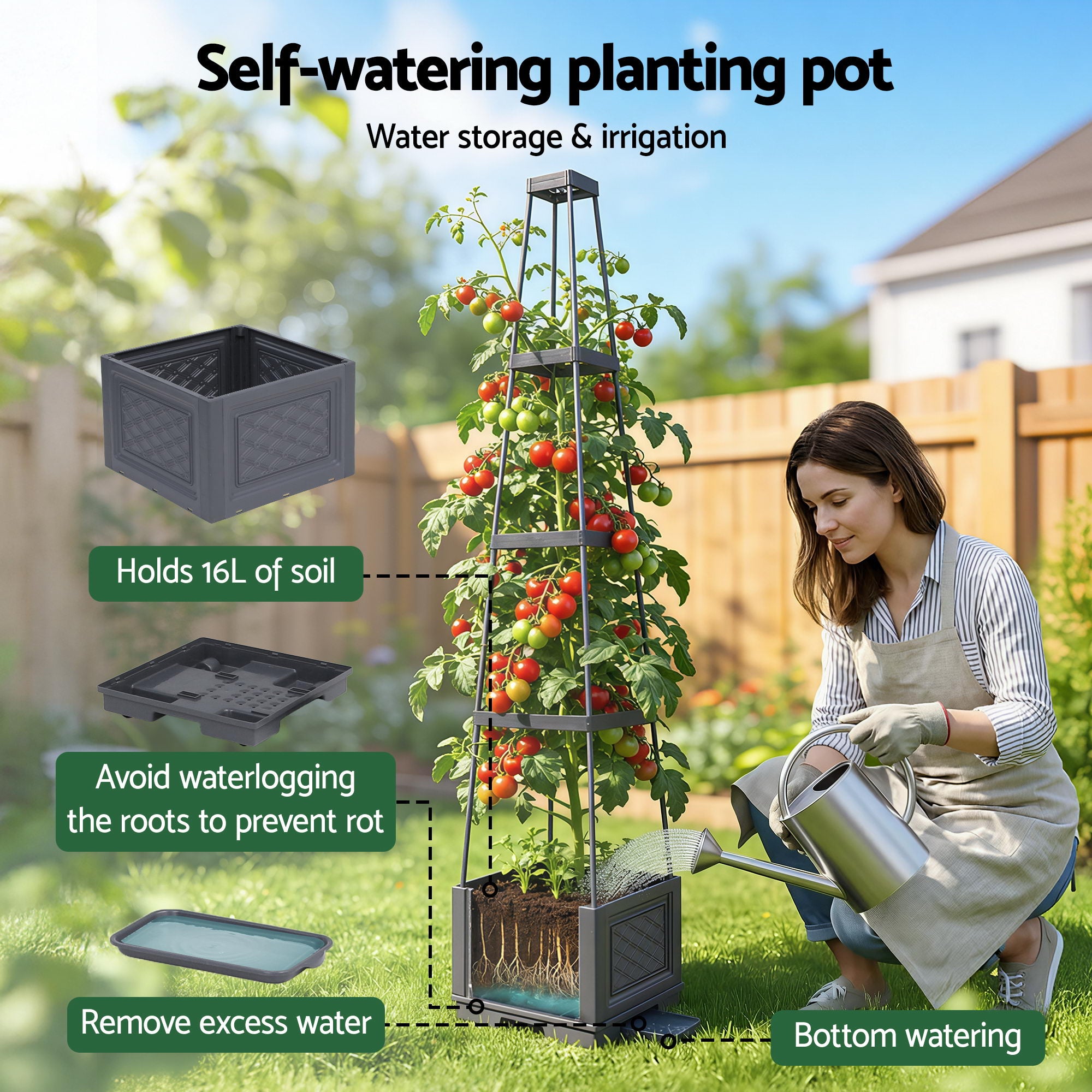 Green Fingers Self Watering Planter with Trellis Adjustable Height Modular Tomato Box 4 Layer 140cm GARDEN-PP-VTC-4