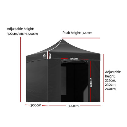 Instahut Gazebo Pop Up Marquee 3x3m Folding Tent Wedding Gazebos 500D Black GAZEBO-C-3X3-DX-BLACK