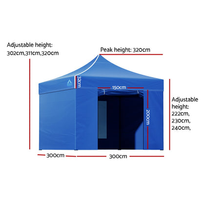 Instahut Gazebo Pop Up Marquee 3x3 Folding Tent Wedding Gazebos 500D Oxford Blue GAZEBO-C-3X3-DX-BLUE