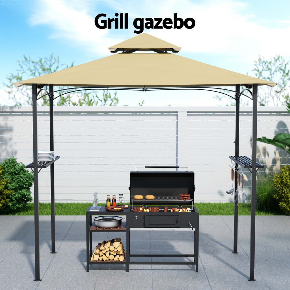 Instahut Gazebo Outdoor Patio Marquee BBQ Grill Shelter Garden Shade Hooks Beige GAZEBO-IR-BBQ02-25X15-BG