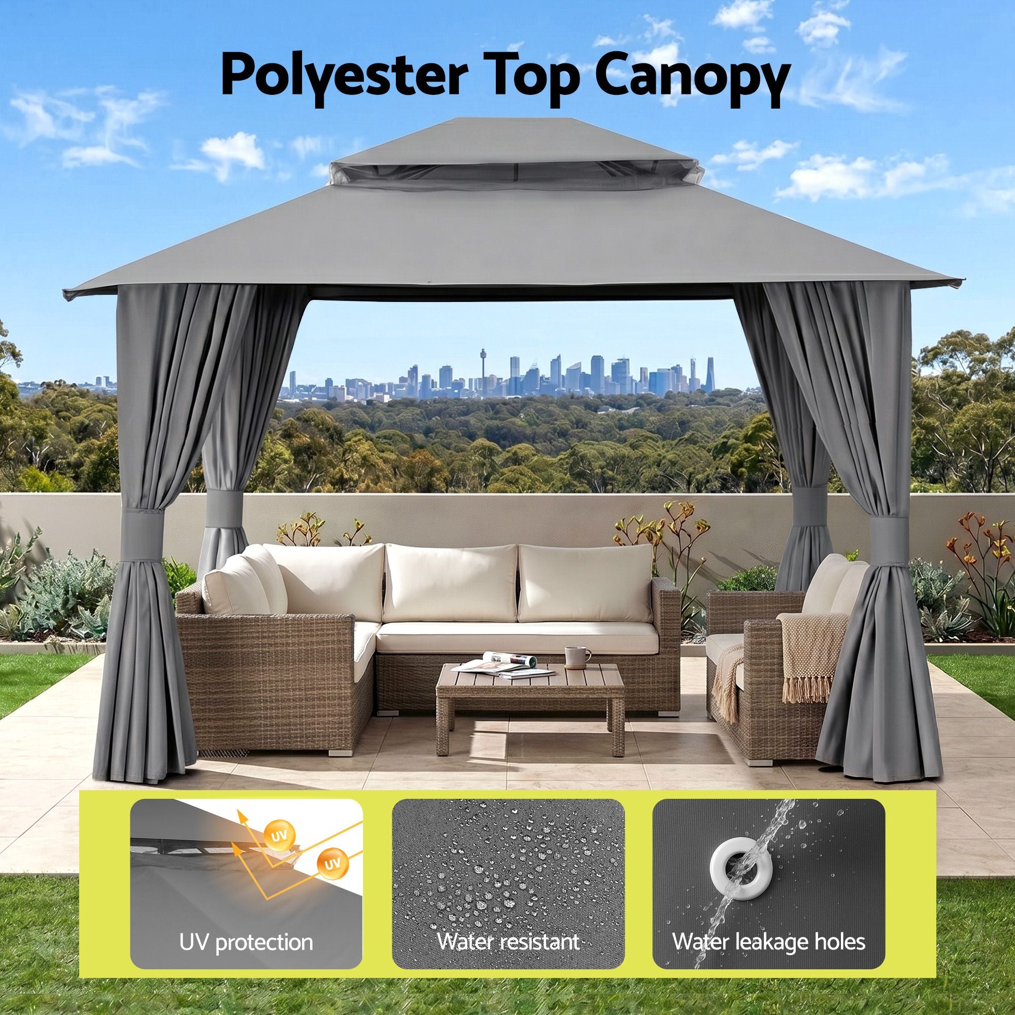 Instahut Gazebo 3x3m Canopy Outdoor Steel Frame Patio Tent Curtains Marquee Grey GAZEBO-IR-MC-3X3-GY