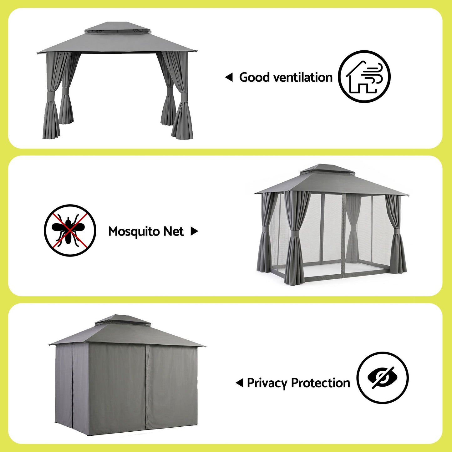Instahut Gazebo 3x3m Canopy Outdoor Steel Frame Patio Tent Curtains Marquee Grey GAZEBO-IR-MC-3X3-GY