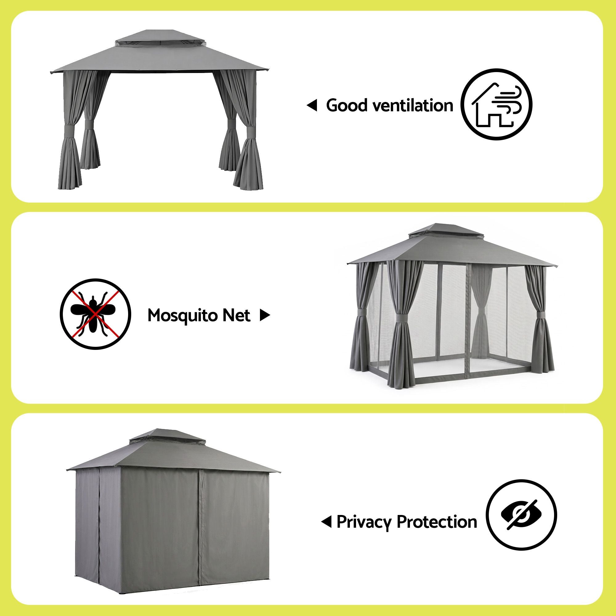 Instahut Gazebo 3x3m Canopy Outdoor Steel Frame Patio Tent Curtains Marquee Grey GAZEBO-IR-MC-3X3-GY