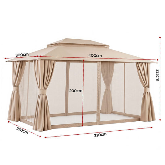 Instahut Gazebo 3x4m Canopy Outdoor Steel Frame Patio Tent Curtains Marquee Beige GAZEBO-IR-MC-3X4-BG