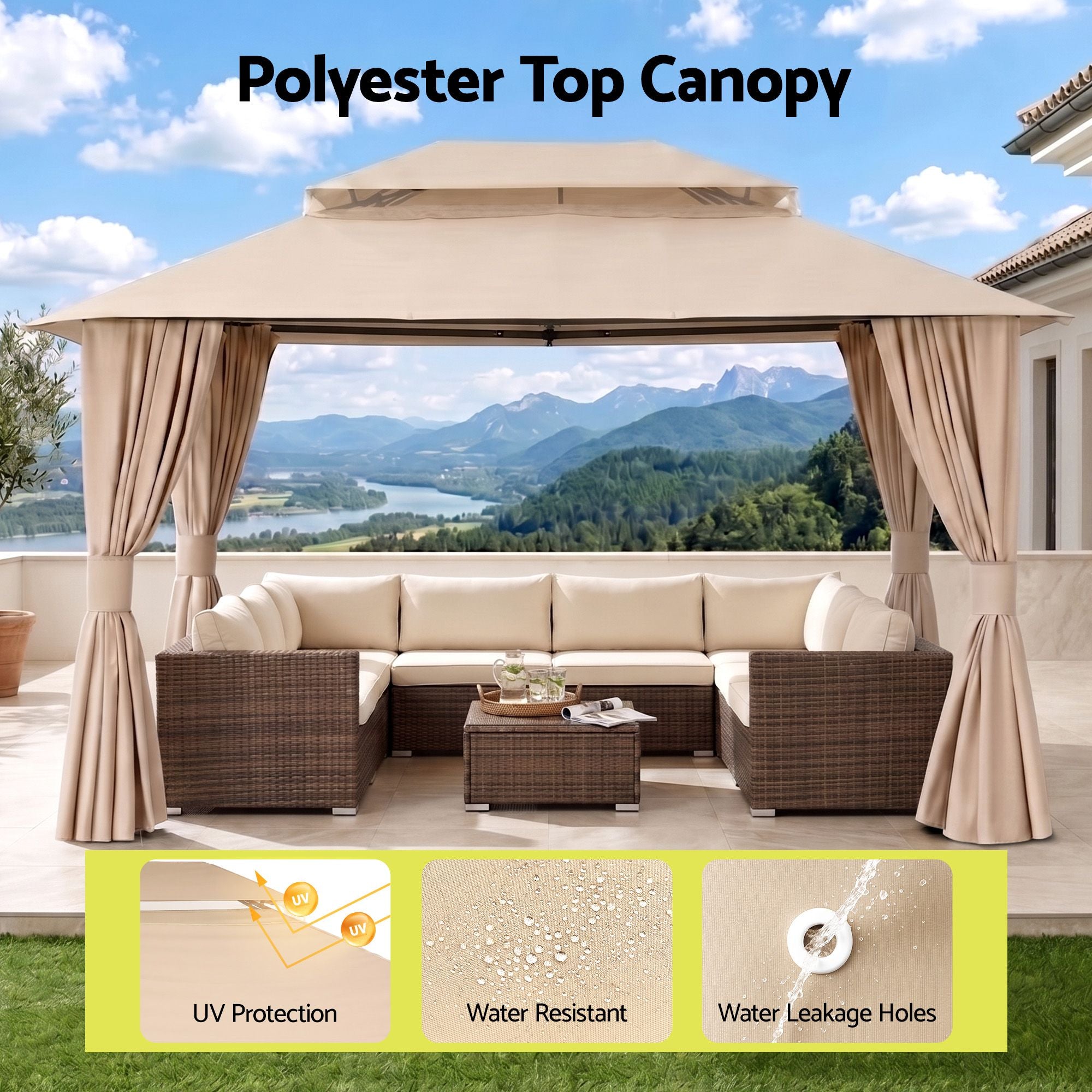 Instahut Gazebo 3x4m Canopy Outdoor Steel Frame Patio Tent Curtains Marquee Beige