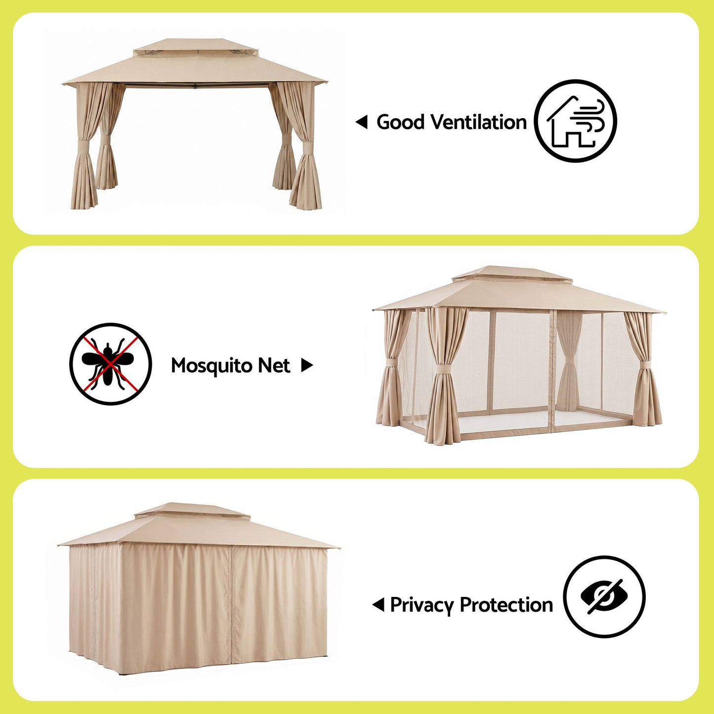 Instahut Gazebo 3x4m Canopy Outdoor Steel Frame Patio Tent Curtains Marquee Beige GAZEBO-IR-MC-3X4-BG