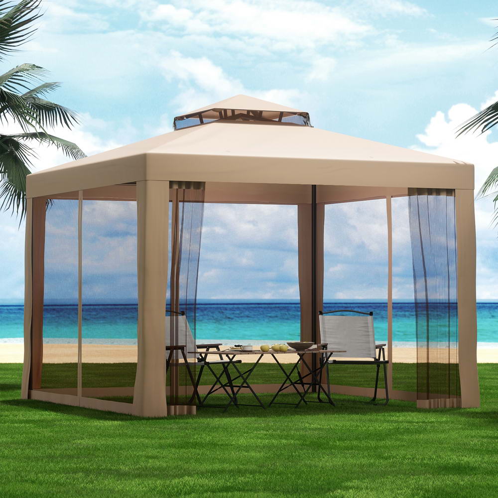 Instahut Gazebo Marquee 3m Outdoor Event Tent Camping Party Mesh Wall Canopy Brown GAZEBO-IR-WED-3X3-BR