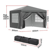Instahut Gazebo 3x3 Pop Up Marquee Folding Tent Wedding Gazebos Camping Outdoor Shade Canopy Gray GAZEBO-POP-C-3X3-GY