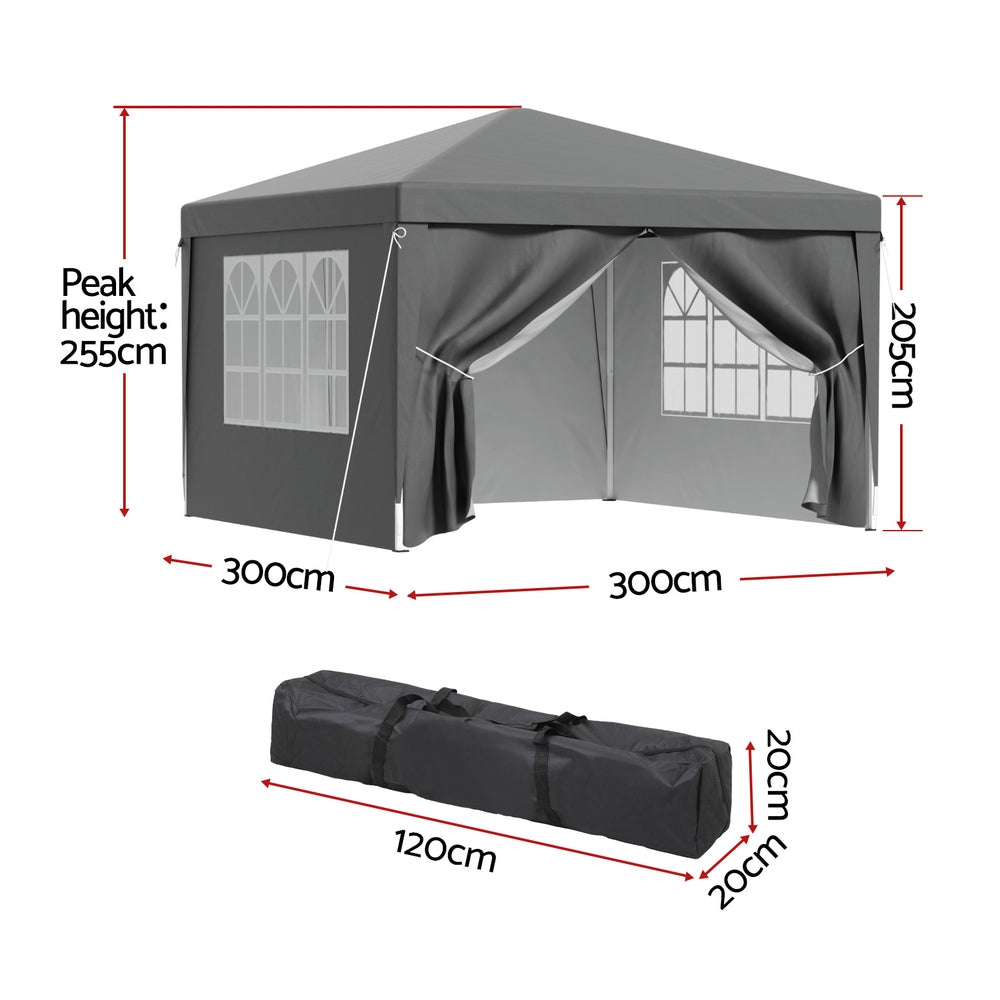 Instahut Gazebo 3x3 Pop Up Marquee Folding Tent Wedding Gazebos Camping Outdoor Shade Canopy Gray GAZEBO-POP-C-3X3-GY