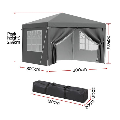Instahut Gazebo 3x3 Pop Up Marquee Folding Tent Wedding Gazebos Camping Outdoor Shade Canopy Gray GAZEBO-POP-C-3X3-GY