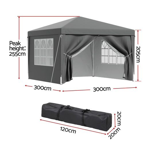 Instahut Gazebo 3x3 Pop Up Marquee Folding Tent Wedding Gazebos Camping Outdoor Shade Canopy Gray GAZEBO-POP-C-3X3-GY