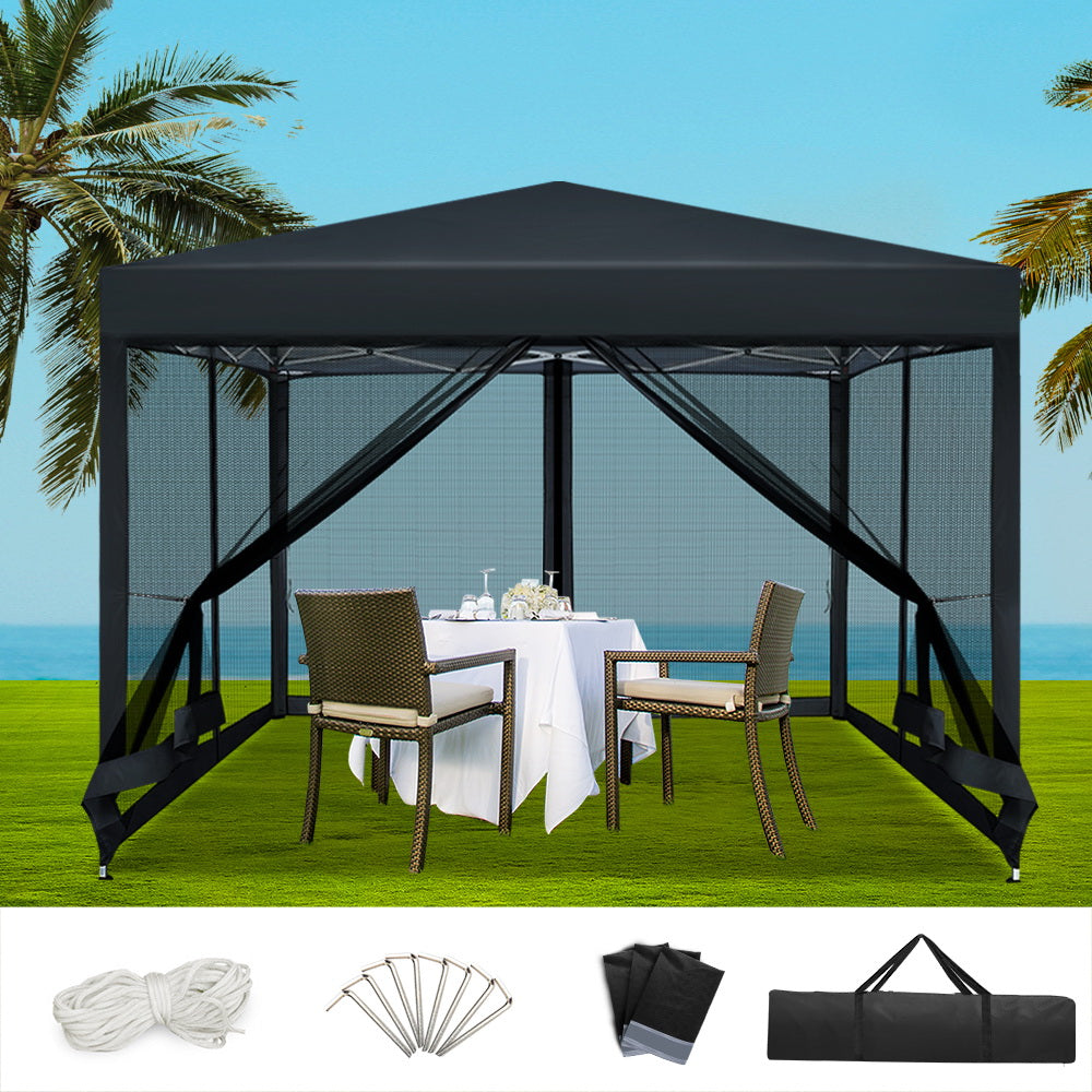 Instahut Gazebo Pop Up Marquee 3x3m Wedding Party Outdoor Camping Tent Canopy Shade Mesh Wall Black GAZEBO-POP-M-FG-3X3-BK