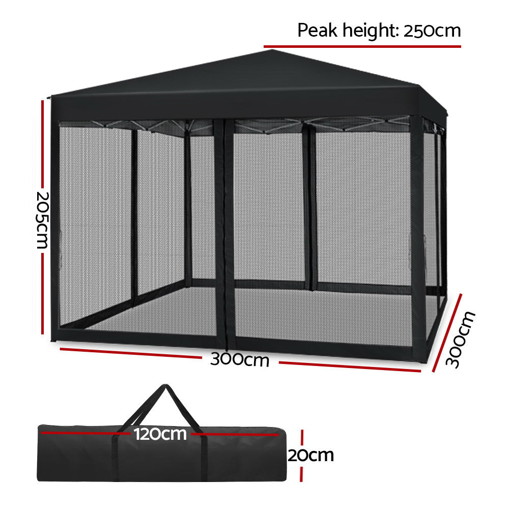 Instahut Gazebo Pop Up Marquee 3x3m Wedding Party Outdoor Camping Tent Canopy Shade Mesh Wall Black GAZEBO-POP-M-FG-3X3-BK