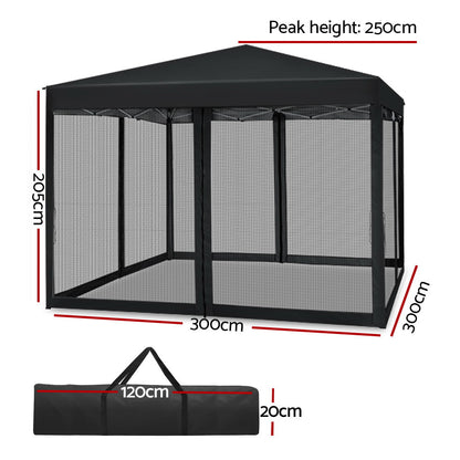 Instahut Gazebo Pop Up Marquee 3x3m Wedding Party Outdoor Camping Tent Canopy Shade Mesh Wall Black GAZEBO-POP-M-FG-3X3-BK