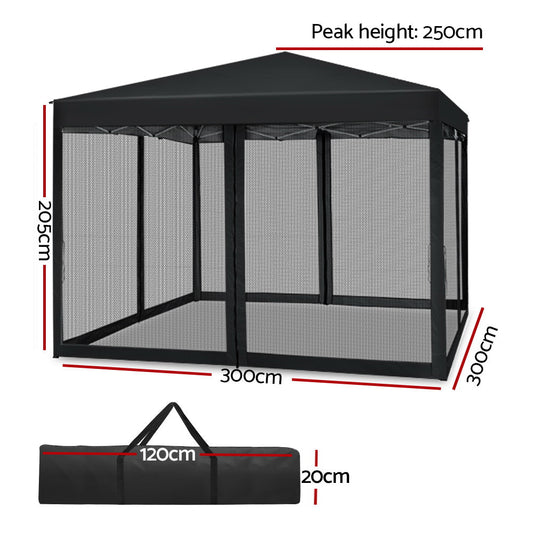 Instahut Gazebo Pop Up Marquee 3x3m Wedding Party Outdoor Camping Tent Canopy Shade Mesh Wall Black GAZEBO-POP-M-FG-3X3-BK