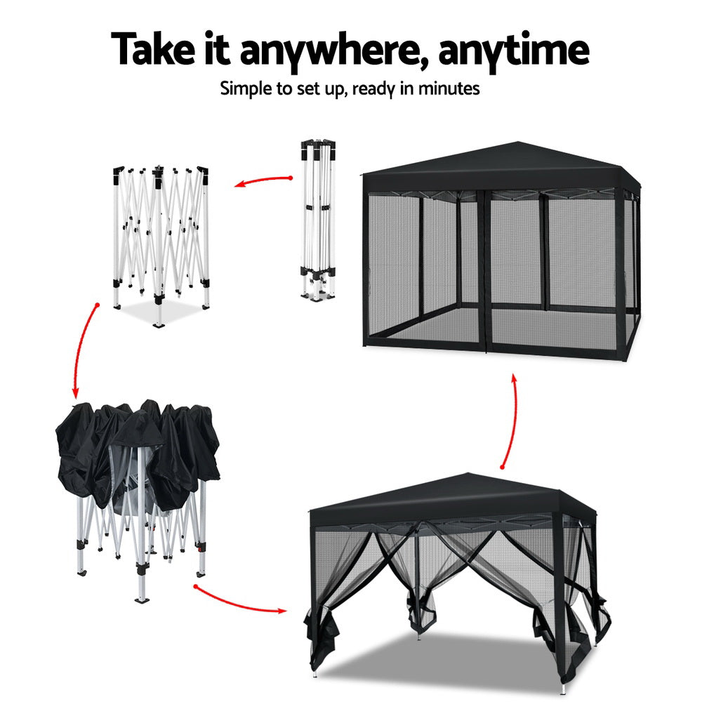 Instahut Gazebo Pop Up Marquee 3x3m Wedding Party Outdoor Camping Tent Canopy Shade Mesh Wall Black GAZEBO-POP-M-FG-3X3-BK