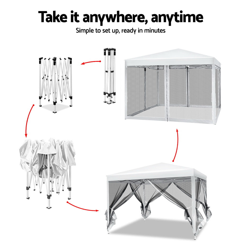 Instahut Gazebo Pop Up Marquee 3x3m Wedding Party Outdoor Camping Tent Canopy Shade Mesh Wall White GAZEBO-POP-M-FG-3X3-WH