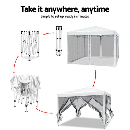Instahut Gazebo Pop Up Marquee 3x3m Wedding Party Outdoor Camping Tent Canopy Shade Mesh Wall White GAZEBO-POP-M-FG-3X3-WH