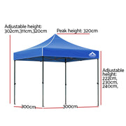 Instahut Gazebo Pop Up Marquee 3x3 Folding Tent Outdoor Camping 500D Oxford Blue GAZEBO-T-3X3-F-BU