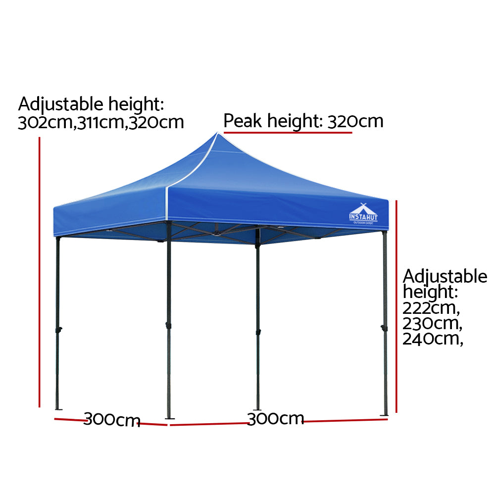 Instahut Gazebo Pop Up Marquee 3x3 Folding Tent Outdoor Camping 500D Oxford Blue GAZEBO-T-3X3-F-BU