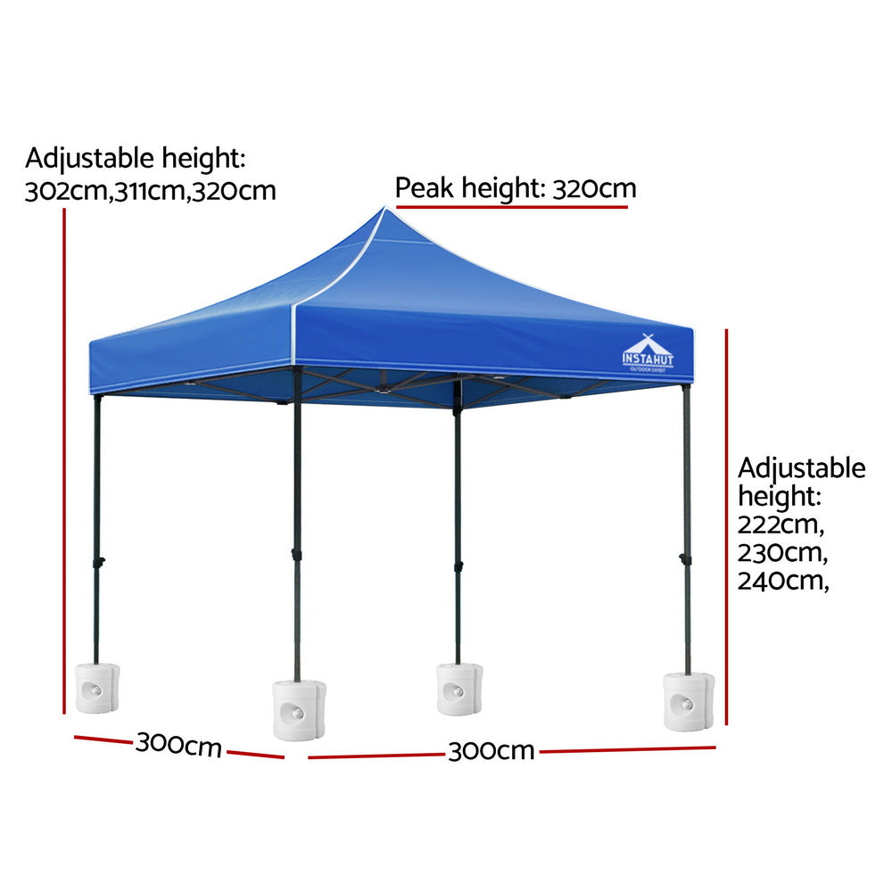 Instahut Gazebo Pop Up 3x3m w/Base Podx4 Marquee Folding Outdoor Wedding Camping Tent Shade Canopy Blue GAZEBO-T-3X3-F-BU-BASE