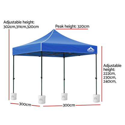 Instahut Gazebo Pop Up 3x3m w/Base Podx4 Marquee Folding Outdoor Wedding Camping Tent Shade Canopy Blue GAZEBO-T-3X3-F-BU-BASE