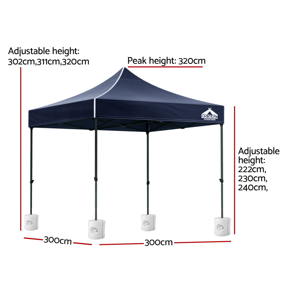 Instahut Gazebo Pop Up 3x3m w/Base Podx4 Marquee Folding Outdoor Wedding Camping Tent Shade Canopy Navy GAZEBO-T-3X3-F-NA-BASE