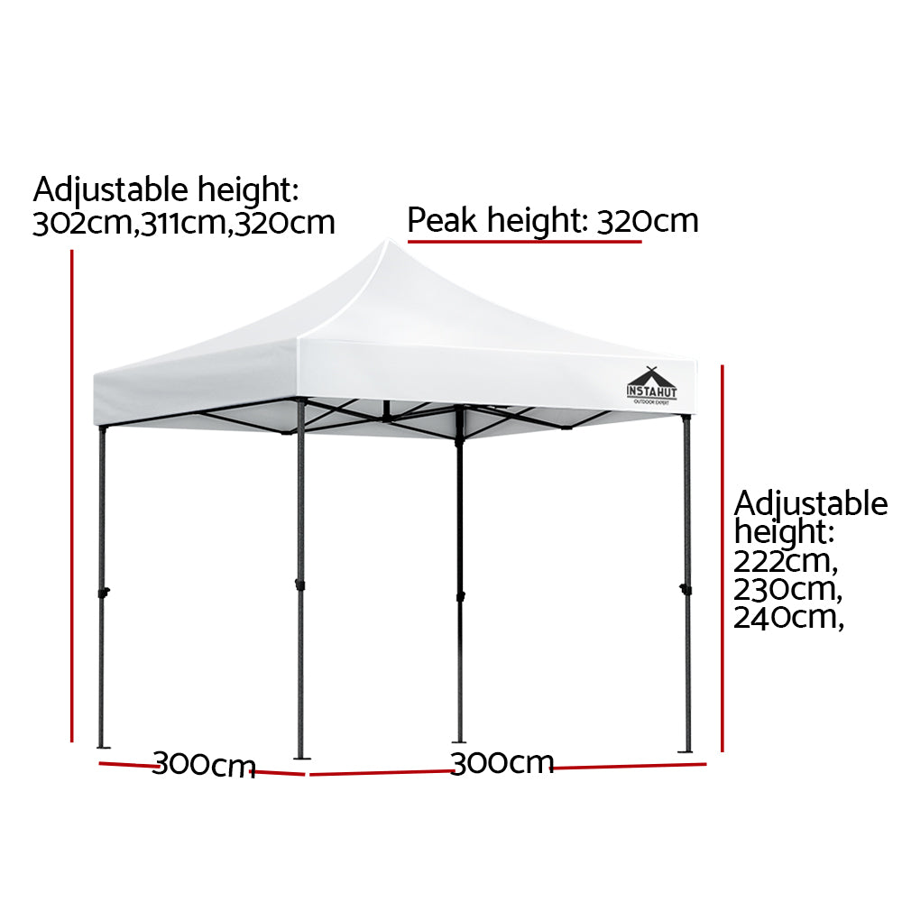 Instahut Gazebo Pop Up Marquee 3x3 Folding Tent Outdoor Camping 500D Oxford GAZEBO-T-3X3-F-WH