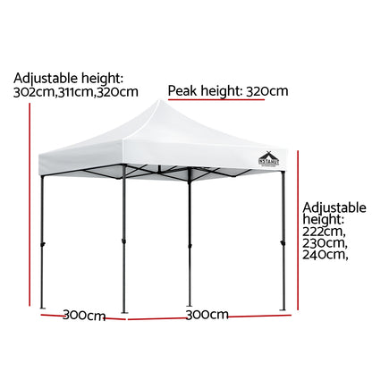 Instahut Gazebo Pop Up Marquee 3x3 Folding Tent Outdoor Camping 500D Oxford GAZEBO-T-3X3-F-WH