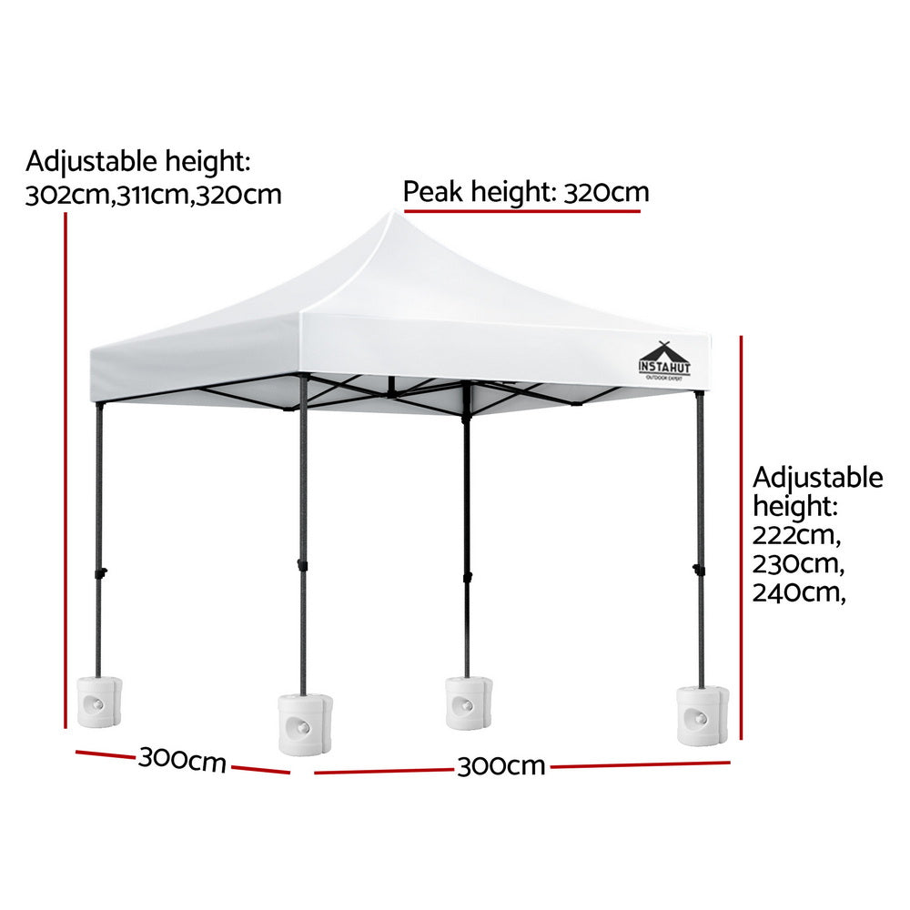 Instahut Gazebo Pop Up 3x3m w/Base Podx4 Marquee Folding Outdoor Wedding Camping Tent Shade Canopy White GAZEBO-T-3X3-F-WH-BASE